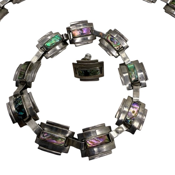 Taxco Modernist Sterling Silver Necklace & Bracelet Set Vintage Signed - Picture 4 of 10